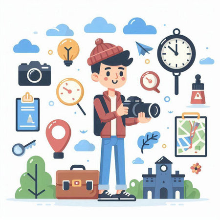 Tourist man with camera and set of travel icons. Vector illustrationのイラスト素材