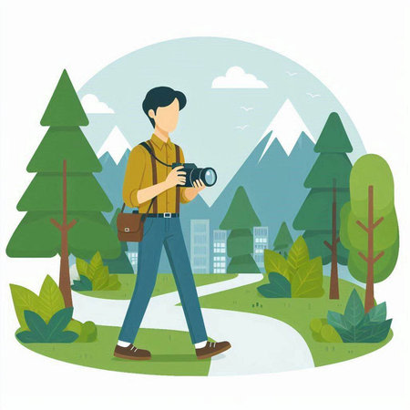 Photographer man with camera in the park. Vector illustration in flat styleのイラスト素材