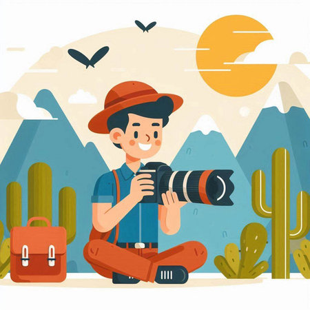 Traveler man with camera and backpack in desert flat vector illustration.のイラスト素材