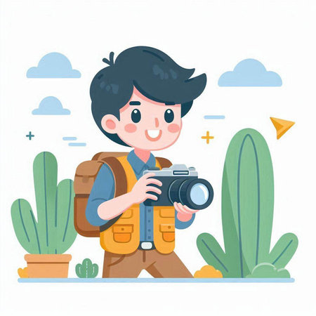 Cute boy with backpack and camera. Vector illustration in cartoon style.のイラスト素材