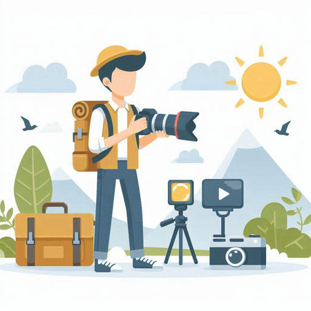 Photographer with camera and backpack. Vector illustration in flat style.のイラスト素材
