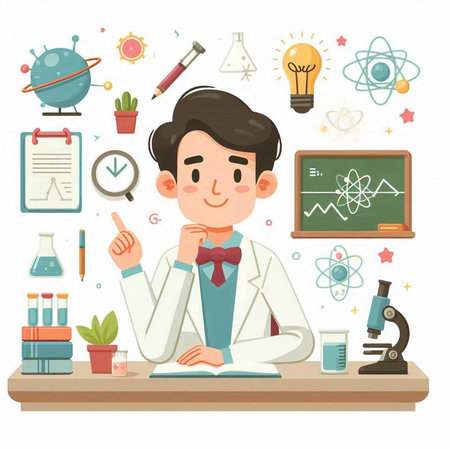 Vector illustration of a male scientist in a laboratory. Education concept.のイラスト素材