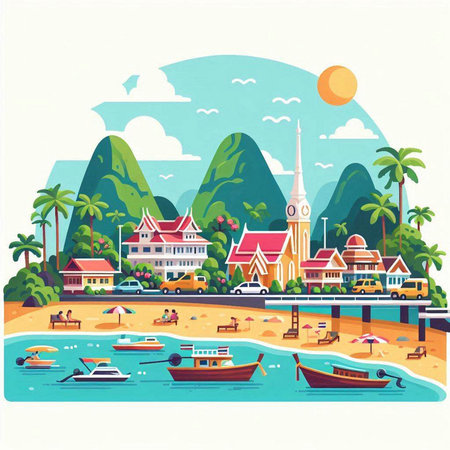 Seaside town in flat style. Seascape with buildings and boats. Vector illustration.のイラスト素材