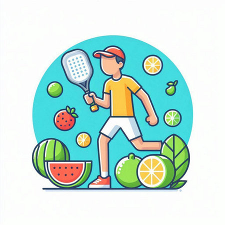 Vector illustration of a man playing tennis with fruits and vegetables, healthy lifestyle conceptのイラスト素材