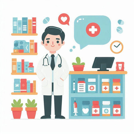 Male doctor standing in front of shelves with medical items. Vector illustration.のイラスト素材