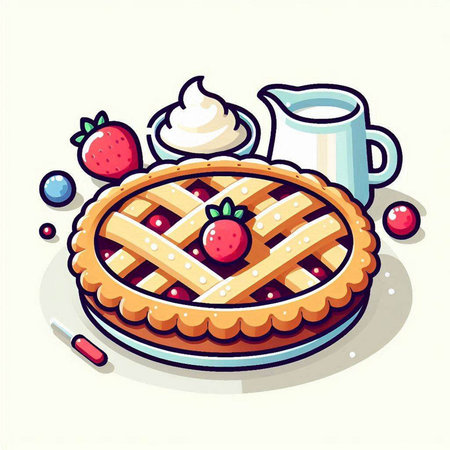 Piece of pie with strawberries and whipped cream. Vector illustration.のイラスト素材