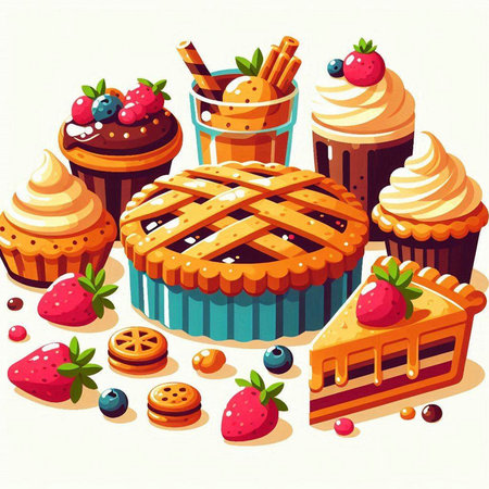 Illustration of a set of different cakes, muffins, pies, cupcakes and other sweets.のイラスト素材