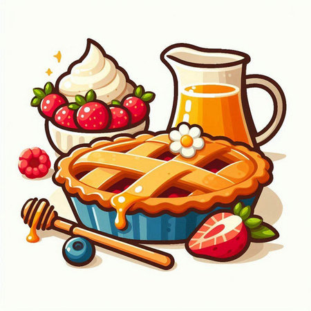 Vector illustration of apple pie with whipped cream, strawberries and honey.のイラスト素材