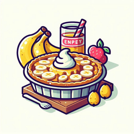 Vector illustration of a pie with fruit and whipped cream in a baking dish.のイラスト素材