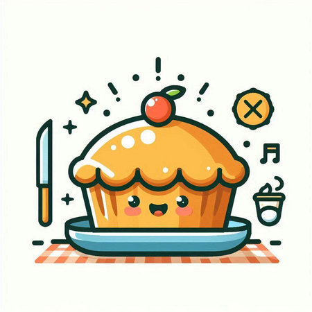 Cute kawaii cupcake with cherry and knife. Vector illustration.のイラスト素材