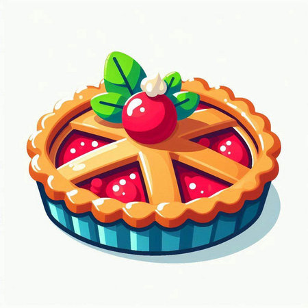 Cherry pie with berries and mint. Vector illustration in cartoon style.のイラスト素材