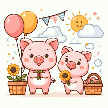 Cute pig with flowers and balloons. Vector illustration in cartoon style.のイラスト素材