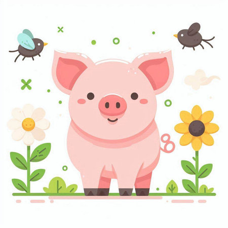 Cute pig with flowers and birds on white background. Vector illustration.のイラスト素材