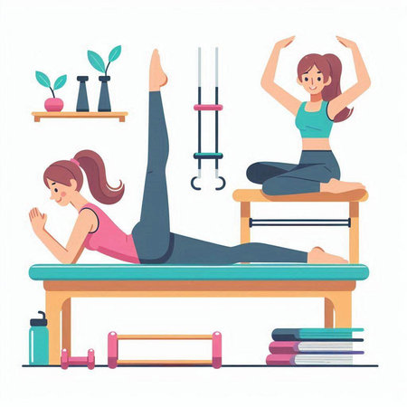 Young woman practicing yoga in a gym. Flat style vector illustration.のイラスト素材