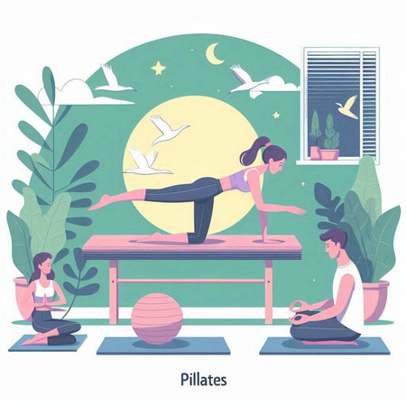Pilates and yoga classes. Vector illustration in flat style.のイラスト素材