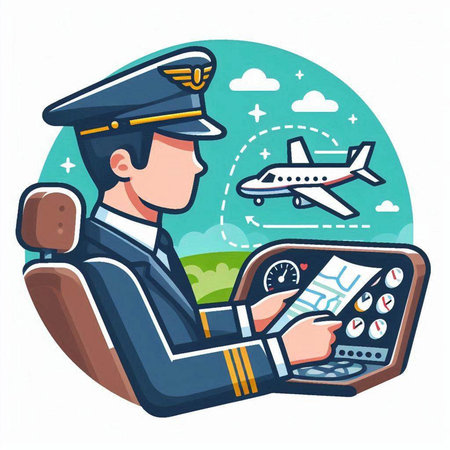 Pilot with airplane and map. Vector illustration in cartoon style.のイラスト素材