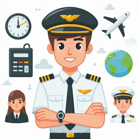 Pilot in uniform with a camera on a white background. Vector illustrationのイラスト素材