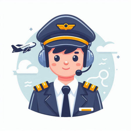 Pilot in a pilot's hat. Flat style vector illustration.のイラスト素材