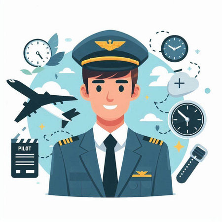 Pilot in uniform. Vector illustration in flat cartoon style on white background.のイラスト素材