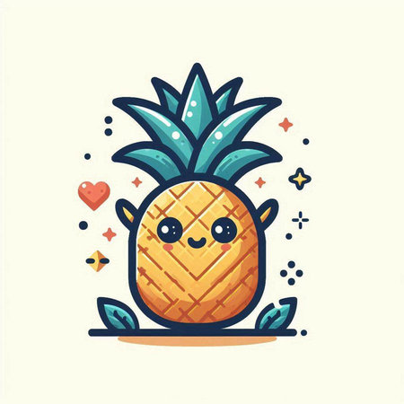 Cute pineapple character with hearts and leaves. Vector cartoon illustration.のイラスト素材
