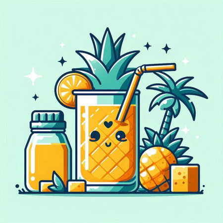 Cute cartoon pineapple smoothie with orange juice, vector illustration.のイラスト素材