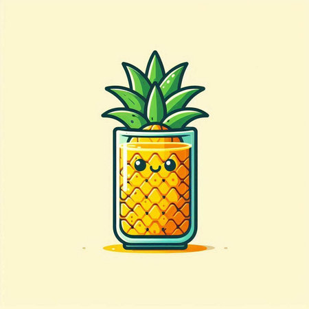 Cute cartoon pineapple juice character isolated on light yellow background. Vector illustration.のイラスト素材