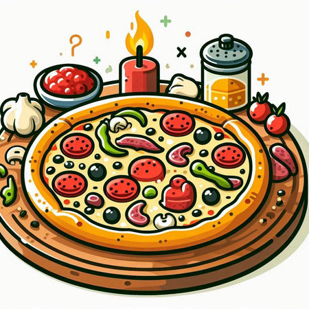 Illustration of a Pepperoni Pizza with Vegetables and Spicesのイラスト素材