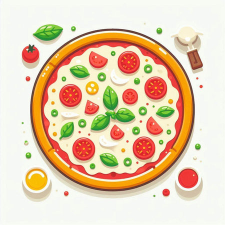 Pizza with mozzarella, tomato and basil. Vector illustrationのイラスト素材