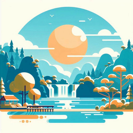 Landscape with lake and trees. Vector illustration in flat style.のイラスト素材