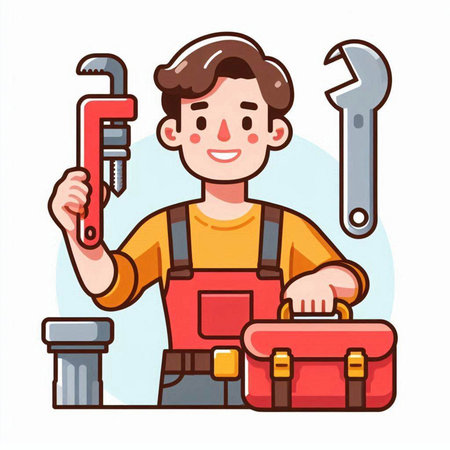 Plumber with tools. Vector illustration in a flat cartoon style.のイラスト素材