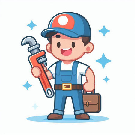 Plumber with wrench and tool box. Cute cartoon vector illustration.のイラスト素材