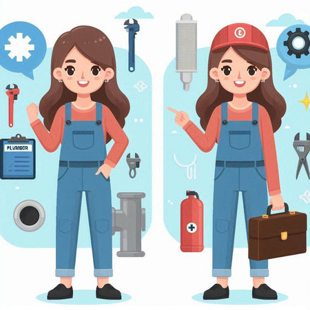 Female mechanic with tools. Set of cartoon characters. Vector illustration.のイラスト素材