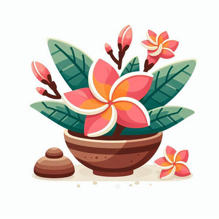 Frangipani flowers in clay pot flat vector illustration isolated on white background.のイラスト素材