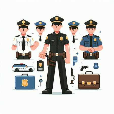 Policeman with set of police icons. Vector illustration in flat styleのイラスト素材