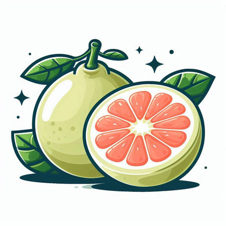 Vector illustration of whole and half pomelo fruit with green leaves isolated on white background.のイラスト素材
