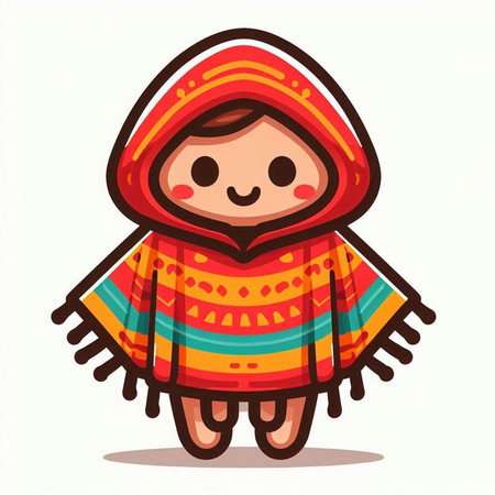 Cute little girl wearing a colorful poncho. Vector illustration.のイラスト素材