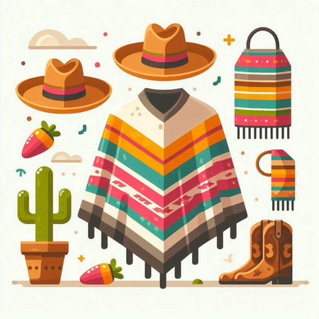 Mexican hats and poncho. Vector illustration in flat styleのイラスト素材