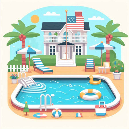 Swimming pool in flat style. Summer vacation. Vector illustration.のイラスト素材