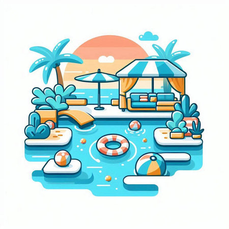 Beach with inflatable ring, sun lounger, swimming pool and palm trees. Vector illustrationのイラスト素材