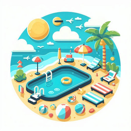 Swimming pool on the seashore. Vector illustration in flat styleのイラスト素材