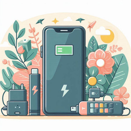 Smartphone charging battery. Vector illustration in flat style. Smartphone charging battery on the background of nature.のイラスト素材