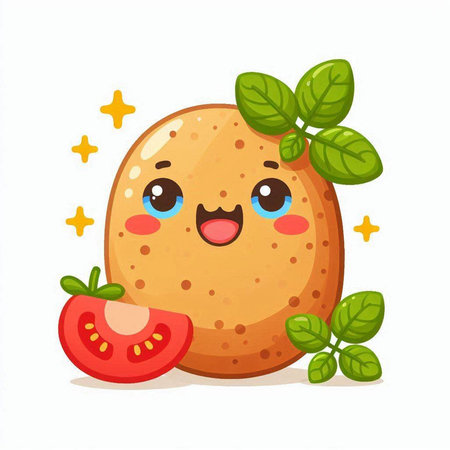 Cute kawaii smiling potato character with green leaves and sliced tomato isolated on white background. Vector illustration.のイラスト素材