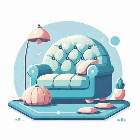 Vector illustration of modern cozy living room with blue armchair and pillowのイラスト素材
