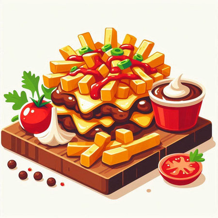 Illustration of a wooden board with french fries and ketchup.のイラスト素材