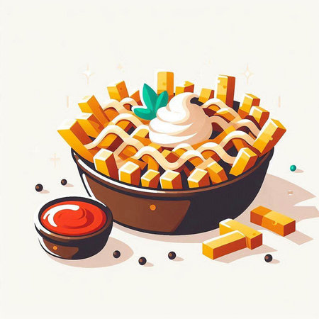 Illustration of fast food. French fries in a bowl with sauce.のイラスト素材
