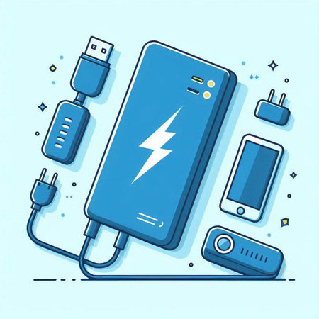 Vector illustration of power bank with charge cable and mobile phone on blue background.のイラスト素材