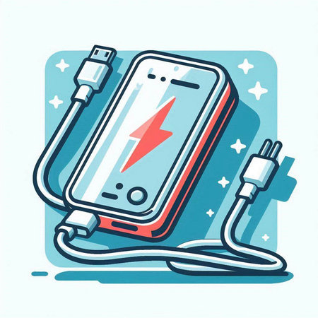 Smartphone charging with power cable on blue background. Vector illustration.のイラスト素材
