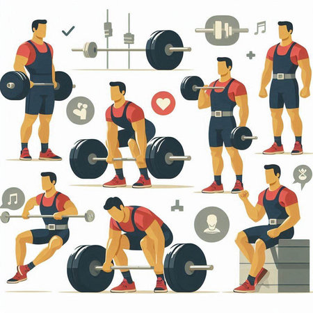 Set of vector illustrations of man lifting weights in flat style. Different types of bodybuilding.のイラスト素材