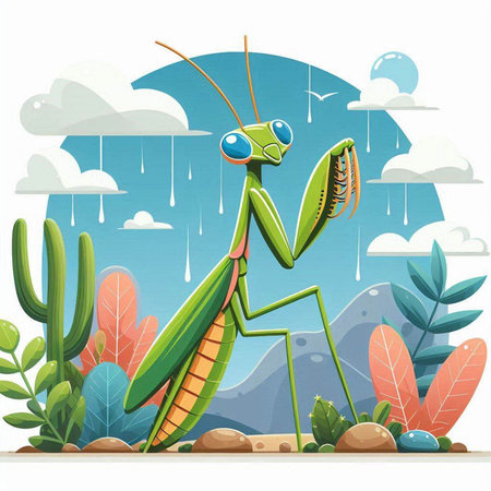 Praying mantis on a background of nature. Vector illustration.のイラスト素材