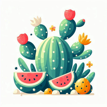 Cactus with watermelon. Vector illustration in flat cartoon style.のイラスト素材